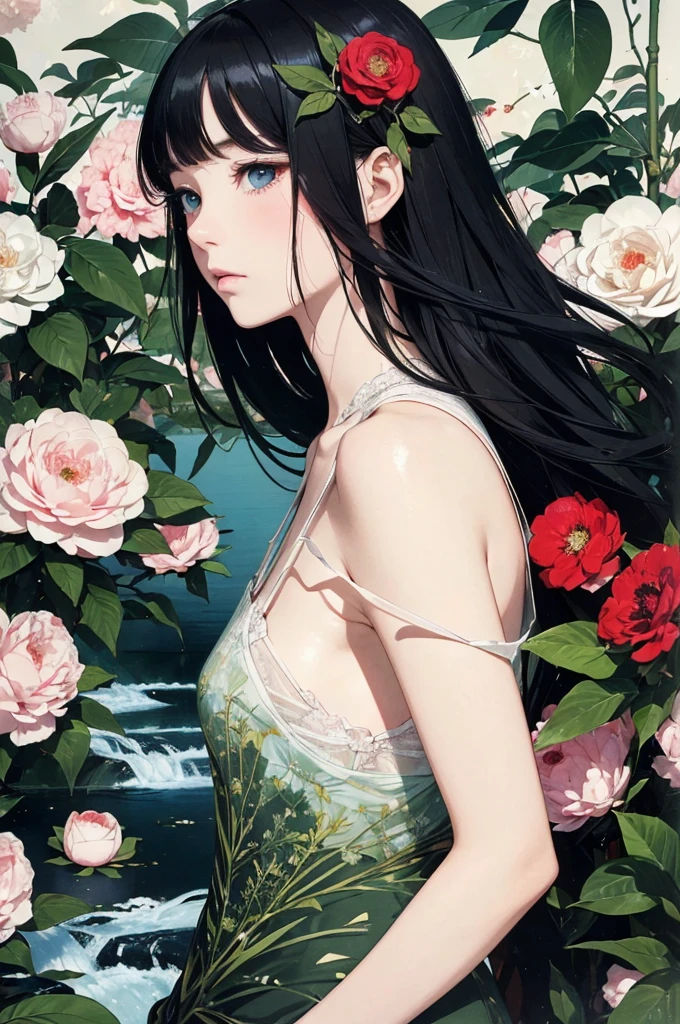 (masterpiece, best quality,ultra highres),flat color,(messy collage art),(Black-haired beauty, camellia, clear stream, comb),nostalgic melancholic artwork,japanese magazine collage, inspired by Victo Ngai cmyk palette, contemporary artistic collage,