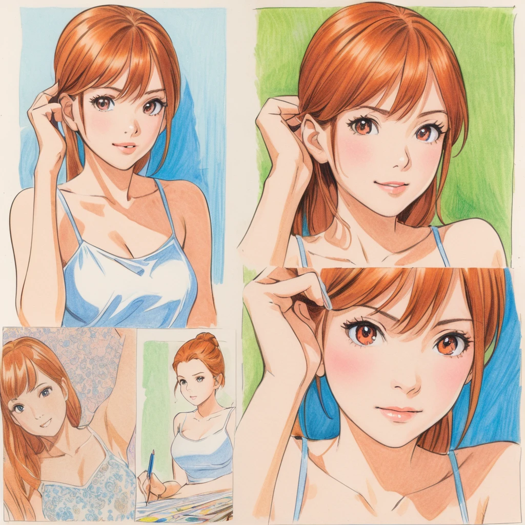 Maryjane Watson,short camisole,white,Art,ad,colour pencil drawing,draft drawing ,comic collage,illustration, accurate perfect hands
