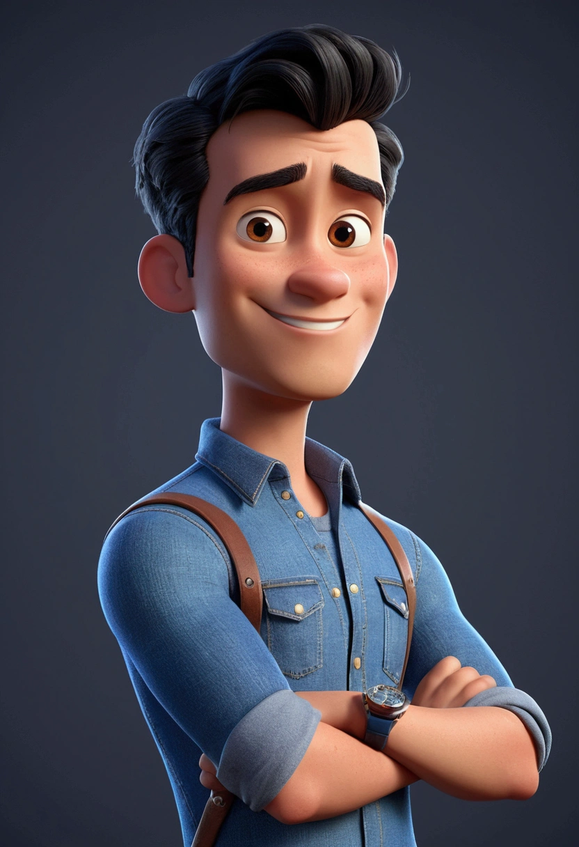Cartoon character of a black short hair man with fair skin, wearing a denim t-shirt with long sleeves but these socks are, on his left arm he has a black watch and a ring on his finger, has his arms crossed and smiling, an animated character, stylized character, animation style rendering, 3d stylized, Arnold Maya rendering, Stylized 3D rendering, toon render screenshot, 3d character, 3d character, Stylized 3D rendering, 3D character rendering, cartoon character, Personagem de close up, character posing, (Pixar-style) (master part:1.2) (bokeh) (best qualityer) (skin detailed) (detailed texture) (8k) (Argilla) (cinematic lighting) (sharp focus，Sit down and lift your upper body