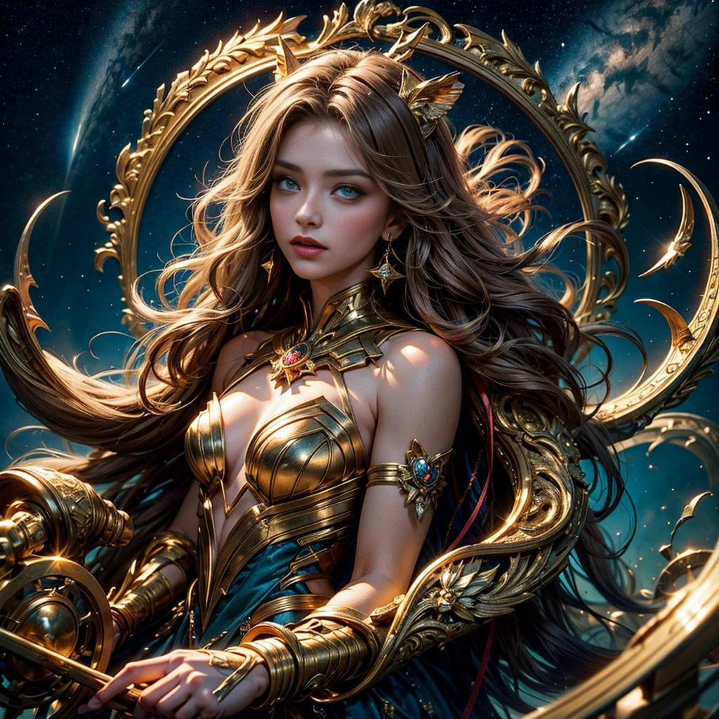 Image of Sagittarius，Sagittarius golden magical astrolabe，Sagittarius character in a starry costume，（The upper body is the image of the human body, The lower body is the body image of a horse），((Charming female character from Sagittarius:1.2),(Symbol of Sagittarius:1.1),Starryskyfundo,The stars shine,A sense of mystery,cosmic elements,Majestic and deep atmosphere,Beautiful decorative details,mesmerizing eyes,long hair flowing,Starlight Ornament,dream colors)