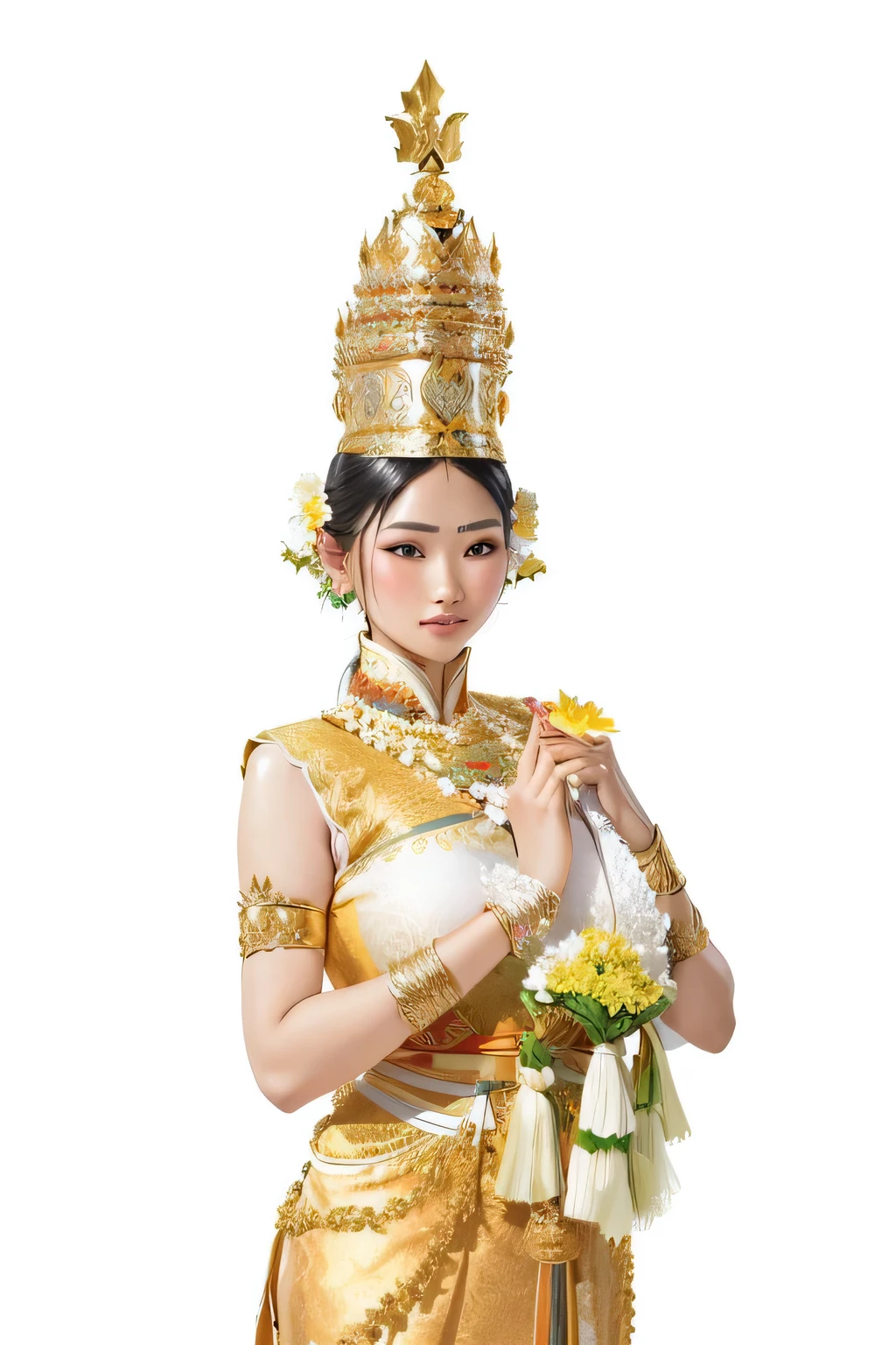 arafed woman in a traditional thai costume holding a flower, sukhothai costume, traditional, traditional beauty, wearing authentic attire, traditional dress, tai costume, nivanh chanthara, photo taken with nikon d750, photo taken with nikon d 7 5 0, traditional tai costume, wearing traditional garb, in style of thawan duchanee