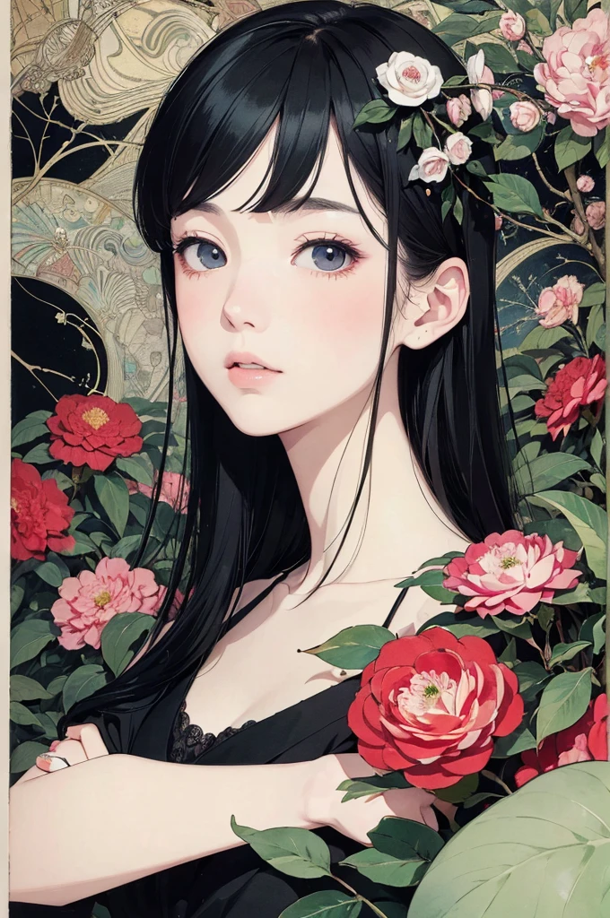 (masterpiece, best quality,ultra highres),flat color,(messy collage art),(Black-haired beauty, camellia, clear stream, comb),nostalgic melancholic artwork,japanese magazine collage, inspired by Victo Ngai cmyk palette, contemporary artistic collage,