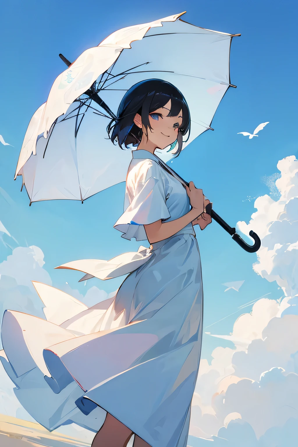 Woman holding an umbrella,smile,White Dress,blue sky