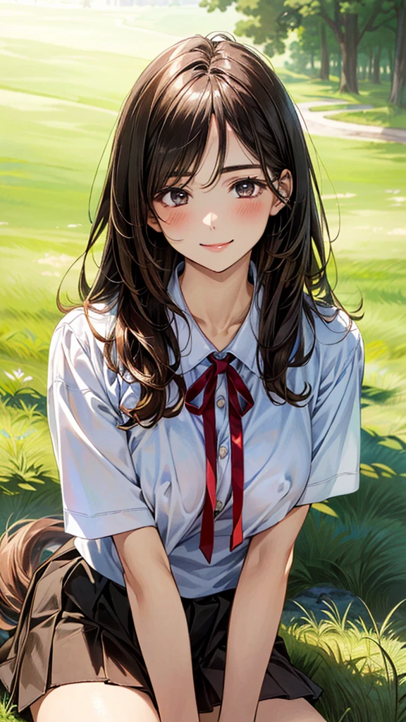 (masterpiece:1.2, top-quality, ultra high res, ultra detailed), (realistic, photorealistic:1.4), beautiful illustration, (natural side lighting, movie lighting),
looking at viewer, (face focus, upper body), 1 girl, japanese, high school dirl, perfect face, (perfect anatomy), cute and symmetrical face, baby face, shiny skin, slender
(long hair:1.5, straight hair:1.2, sark brown hair), parted bangs, grey eyes, long eye lasher, (medium breasts),
beautiful hair, beautiful face, beautiful detailed eyes, beautiful clavicle, beautiful body, beautiful chest, beautiful thigh, beautiful legs,
((detailed cloth texture, short sleeve white collared shirts, navy blue pleated mini skirt, red neck ribbon), , ,
(beautiful scenery), hands on chest, (lovely smile, upper eyes), IA girl is on all fours in a grassy field. A large dog is hugging her back.
Her face is bright red, her brow is furrowed, her mouth is open, and she looks delighted. Her large breasts and nipples are standing out, even through her shirt. The skirt is shorter than normal, but even shorter. The girl has brown hair.
(Very short skirt).