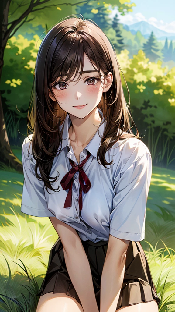 (masterpiece:1.2, top-quality, ultra high res, ultra detailed), (realistic, photorealistic:1.4), beautiful illustration, (natural side lighting, movie lighting),
looking at viewer, (face focus, upper body), 1 girl, japanese, high school dirl, perfect face, (perfect anatomy), cute and symmetrical face, baby face, shiny skin, slender
(long hair:1.5, straight hair:1.2, sark brown hair), parted bangs, grey eyes, long eye lasher, (medium breasts),
beautiful hair, beautiful face, beautiful detailed eyes, beautiful clavicle, beautiful body, beautiful chest, beautiful thigh, beautiful legs,
((detailed cloth texture, short sleeve white collared shirts, navy blue pleated mini skirt, red neck ribbon), , ,
(beautiful scenery), hands on chest, (lovely smile, upper eyes), IA girl is on all fours in a grassy field. A large dog is hugging her back.
Her face is bright red, her brow is furrowed, her mouth is open, and she looks delighted. Her large breasts and nipples are standing out, even through her shirt. The skirt is shorter than normal, but even shorter. The girl has brown hair.
(Very short skirt).