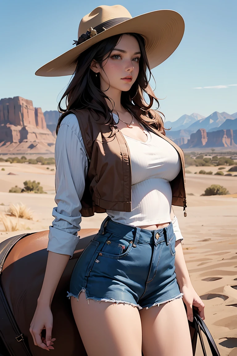 ((Masterpiece, top quality, high resolution, highly detailed CG unified 8K wallpaper)), (huge stunning goddess shot, very hot and sexy, jaw-dropping beauty, perfect proportions, beautiful body, slim body beauty:1.3), Western Cowboy, (cowboys riding horses in a desert area with a mountain in the background:1.3), (western film), western film, western, an epic western, cowboy, old west, django, style of a clint eastwood movie, cowboys, wyatt earp and doc holliday, fox, in the show westworld, spaghetti western, nbc, westworld style, in the old west, oldwest, western setting, wearing a cowboy hat, brown leather vest, denim miniskirt, and leather boots,