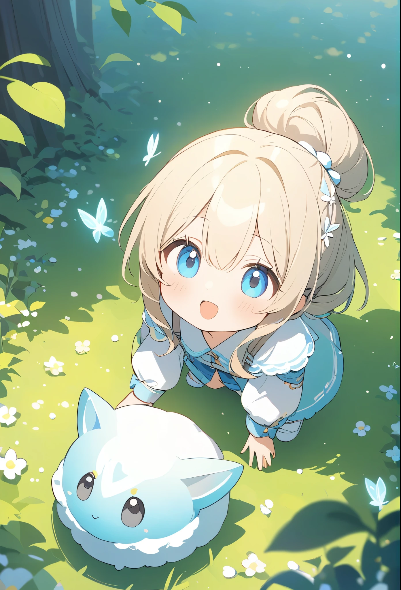 ((Picture books))、高いコントラスト、(8k, Highest quality)、Ultra-high resolution、adorable、Highest quality, beautiful, Absurd beauty、masterpiece、Best image quality、A fluffy white fairy who lives in the forest、learning forword、looking up、from above、Blue and white outfit、Beige hair color、池の畔