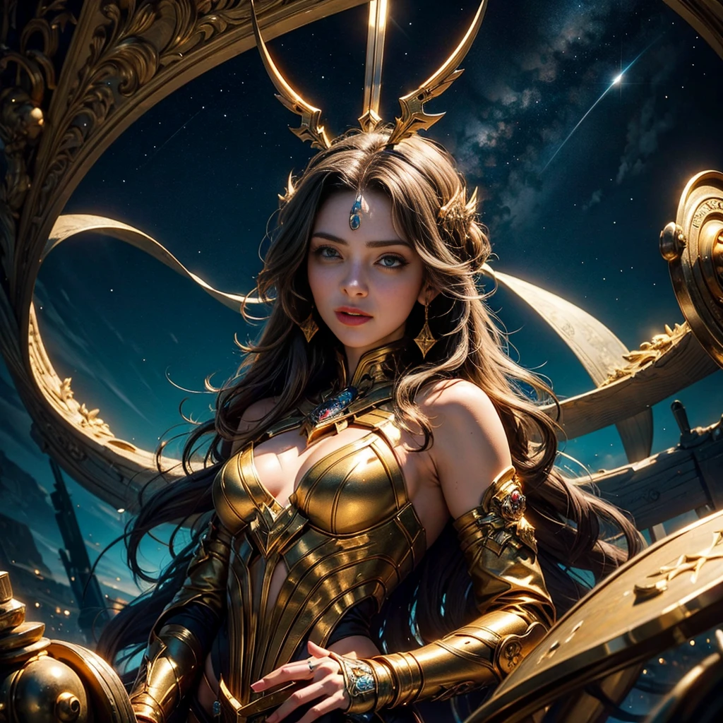 Image of Sagittarius,Sagittarius golden magical astrolabe,Sagittarius character in a starry costume,(The upper body is the image of the human body, The lower body is the body image of a horse),((Charming female character from Sagittarius:1.2),(Symbol of Sagittarius:1.1),Starryskyfundo,The stars shine,A sense of mystery,cosmic elements,Majestic and deep atmosphere,Beautiful decorative details,mesmerizing eyes,long hair flowing,Starlight Ornament,dream colors)