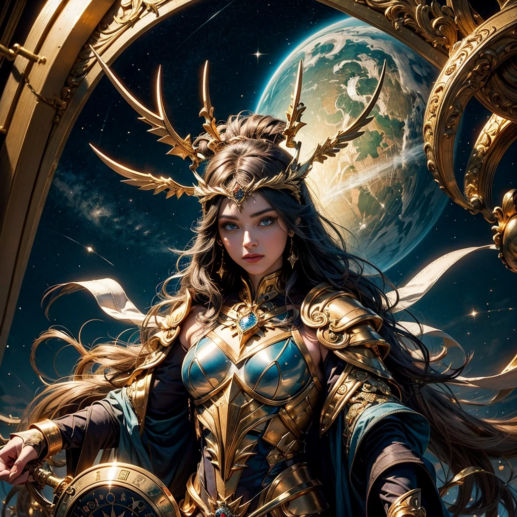 Image of Sagittarius，Sagittarius golden magical astrolabe，Sagittarius character in a starry costume，（The upper body is the image of the human body, The lower body is the body image of a horse），((Charming female character from Sagittarius:1.2),(Symbol of Sagittarius:1.1),Starryskyfundo,The stars shine,A sense of mystery,cosmic elements,Majestic and deep atmosphere,Beautiful decorative details,mesmerizing eyes,long hair flowing,Starlight Ornament,dream colors)