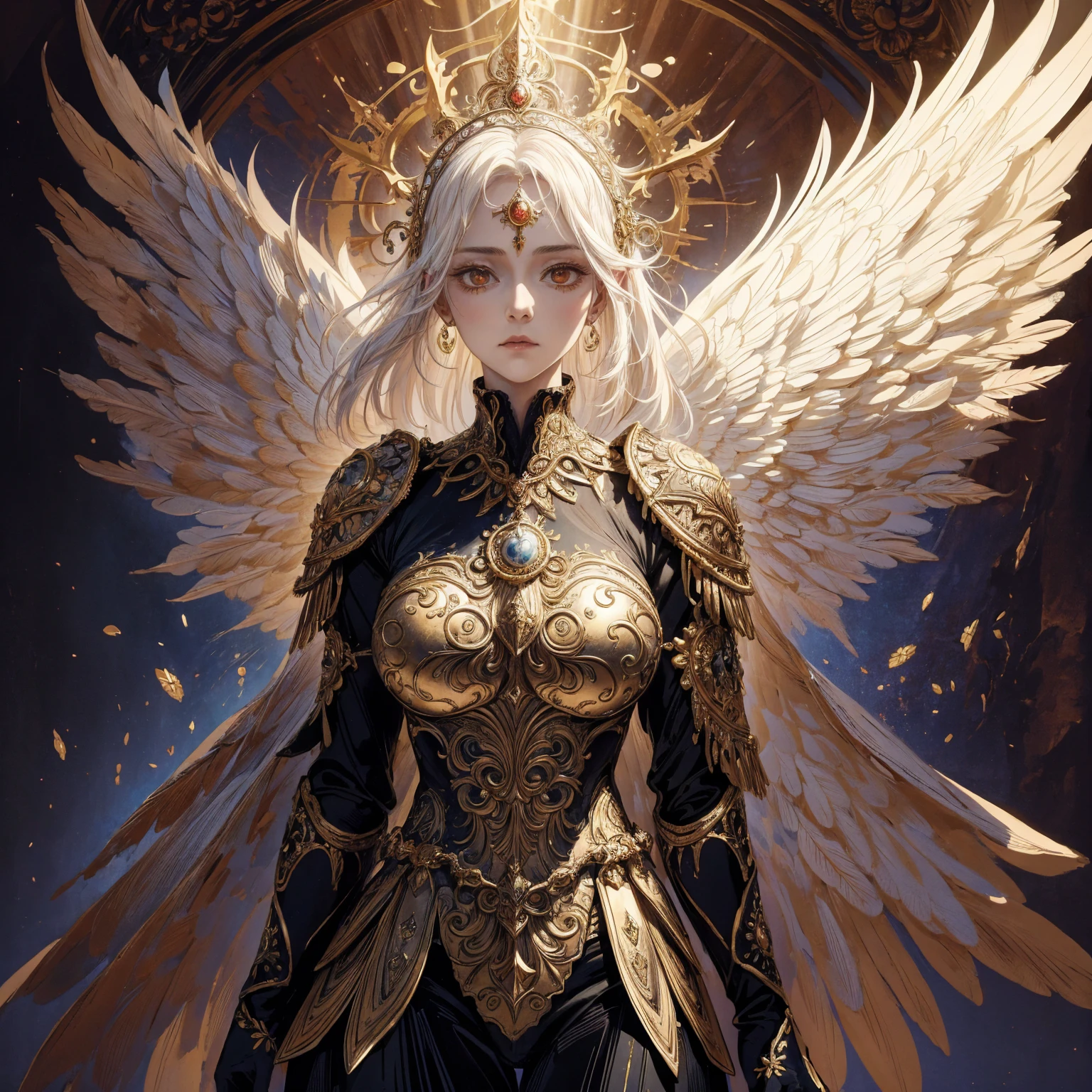 Art of elderly woman wearing sun crown, wearing ornate breastplate that shows a little skin above the chest, two huge symmetrical angelic wings spread out from the woman's back, ancient goddess art, Sacredness. Very detailed, Mysterious inspiration, Inspiration from the Sun God, Religious inspiration, Cold and snobbish face, Dangerous impersonal expressions, White hair, Standing, Full body portrait, Gothic art style, Weird art style, Occult art