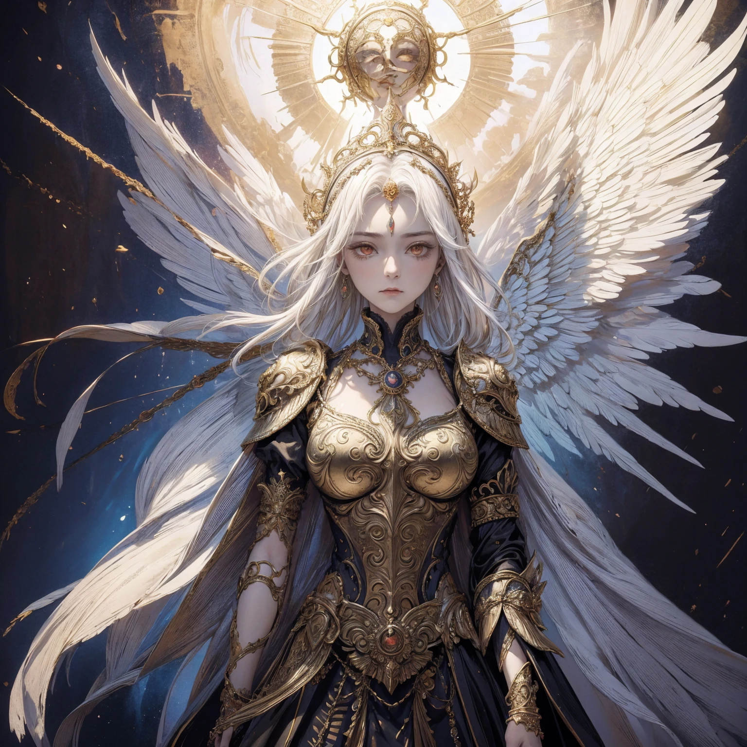 Art of elderly woman wearing sun crown, wearing ornate breastplate that shows a little skin above the chest, two huge symmetrical angelic wings spread out from the woman's back, ancient goddess art, Sacredness. Very detailed, Mysterious inspiration, Inspiration from the Sun God, Religious inspiration, Cold and snobbish face, Dangerous impersonal expressions, White hair, Standing, Full body portrait, Gothic art style, Weird art style, Occult art