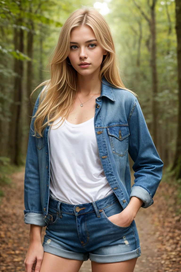 (bestquality,realistic:1.2),(blondehair:1.1),(French:1.1),(sexy:1.1),(slim figure:1.1),(18 years old:1.1),(handcuffed:1.1),(veste en jean:1.1),(rolled-up sleeves:1.1),(hands up:1.1),(visible legs:1.1)),illustration,forest,detailed eyes,detailed lips,highdefinition,professional lighting,vivid color