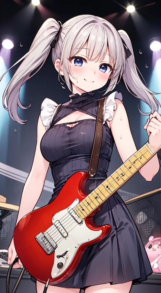 Highest quality,masterpiece,THE ALFEE,Twin neck guitar,Playing electric guitar,１People Girls,cute,Twin tails,Anime Style,Large Breasts,****ta,In the spotlight,On stage,enjoy,smile,Sweat,