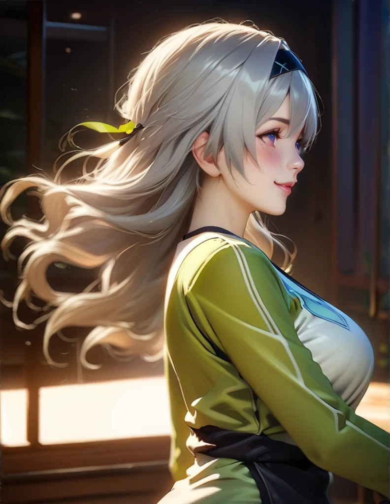score_9, score_8_up, score_7_up, indoor, in the bedroom, (anime art of best quality),((realistic:1.3)), (detailed skin:1.3),
source_anime, 1girl, solo, alone
, firefly, , dress, grey hair, beautiful face,smiling,close up to hips, beautiful breast, warming up for jogging on field, illustration,detailed textures(realists),ultra-detailed,portrait style,vivid colors,soft lighting, blushing, mature, hair fluttering, evening light , head band, ((half body)), perky. ((side profile until hips)), very shy