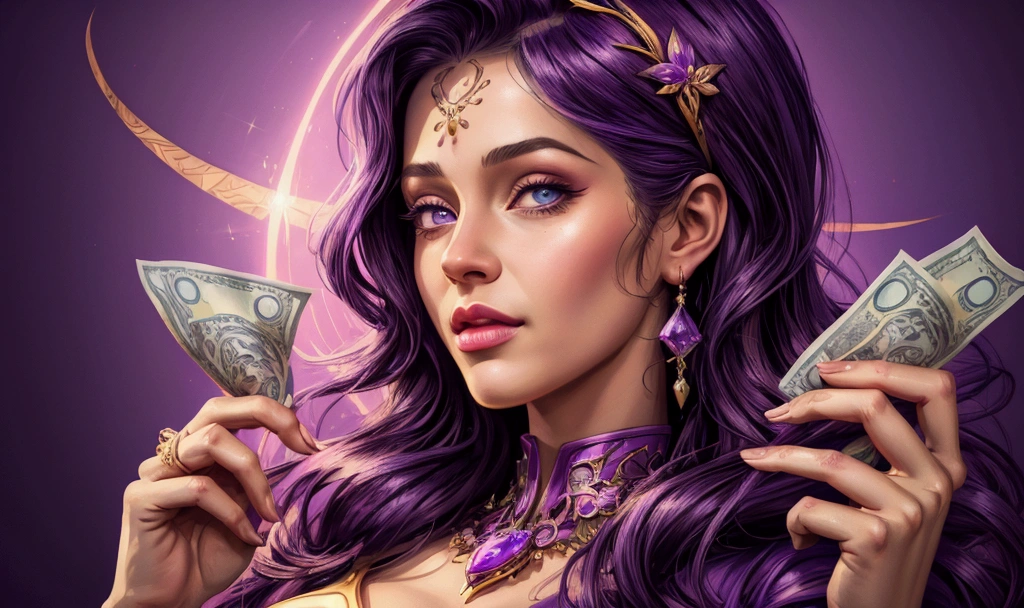 cartoon holding a lot of money and a purple background, in style of digital illustration, cartoon style illustration, Molly million, detailed digital illustration, realistic digital illustration, stunning art style, stylized digital illustration, cartoon art style, digital illustration, Cartoon art style, Photorealistic graphics, rich style, epic portrait illustration, Portrait from waist up, detailed 2D illustration