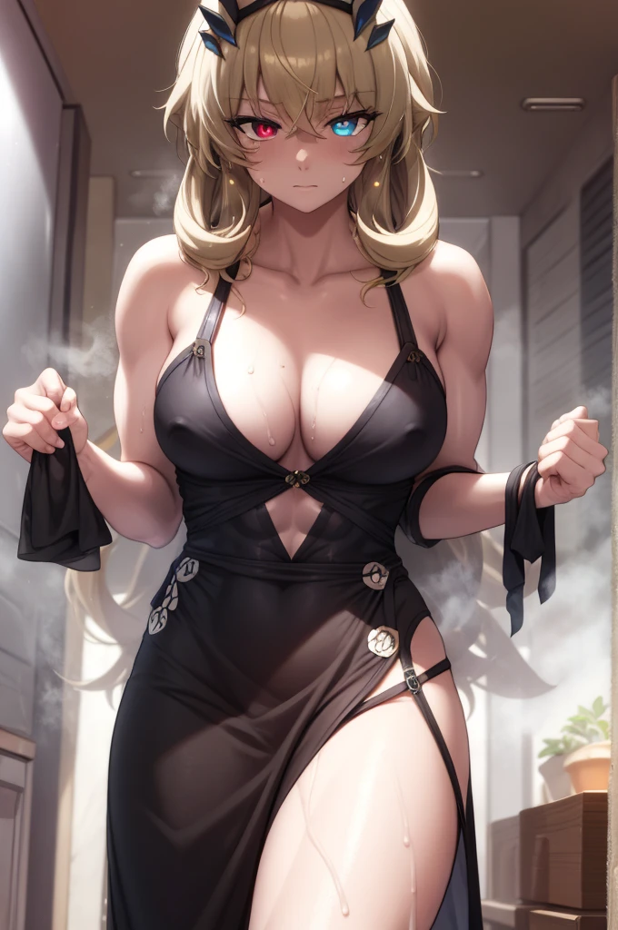 masterpiece,best quality,high resolution,8k,ultra HD,wallpaper,illustration,beautiful detailed eyes,perfect face,cowboy shot,beautiful detailed eyes,extremely detailed face,perfect lighting,extremely detailed CG,perfect hands,perfect anatomy,perfect body,perfect hands,perfect fingers,1woman,full body,megami magazine,(muscle fighter:1.1),yellow medium hair,(green eye and red eye:1.22),large breasts,Medium ass,medium nipples, white apron and inner black maid dress,,clothed,looking at viewer,sexy look pose,cameltoe,Steam,Wet,sweat,1person,Mansion