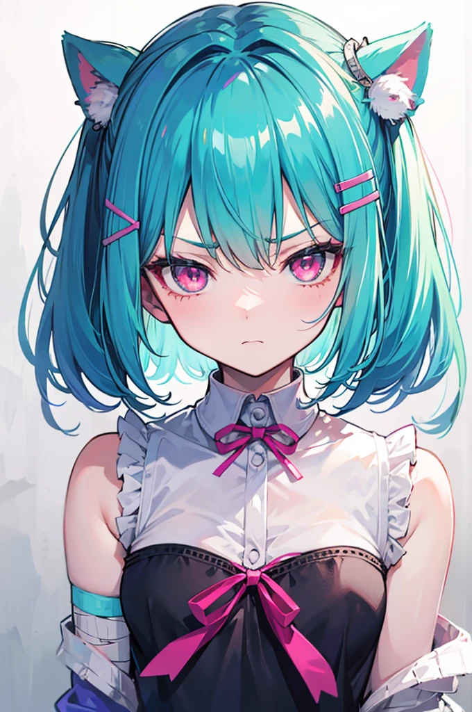 portrait, turquoise bob, hairpin, small_breasts, tsundere, a cute girl, Grumpy, pink eyes, sleeveless shirt, , Cardigan, Right arm wrapped in bandages