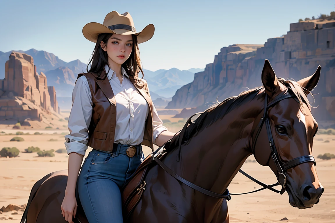 ((Masterpiece, top quality, high resolution, highly detailed CG unified 8K wallpaper)), (huge stunning goddess shot, very hot and sexy, jaw-dropping beauty, perfect proportions, beautiful body, slim body beauty:1.3), Western Cowboy, (cowboys riding horses in a desert area with a mountain in the background:1.3), (western film), western film, western, an epic western, cowboy, old west, django, style of a clint eastwood movie, cowboys, wyatt earp and doc holliday, fox, in the show westworld, spaghetti western, nbc, westworld style, in the old west, oldwest, western setting, wearing a cowboy hat, brown leather vest, denim miniskirt, and leather boots,