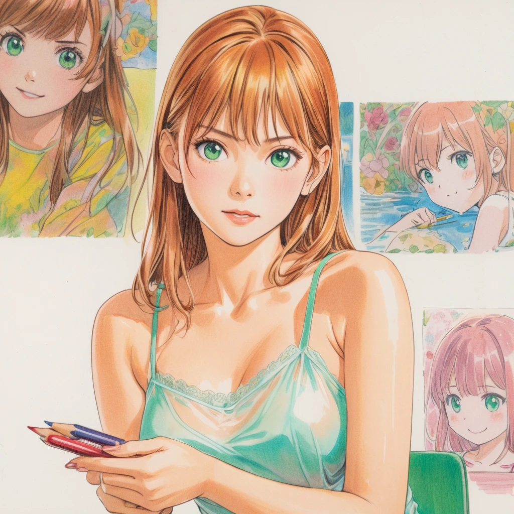 Maryjane Watson,short wet transparent camisole,white,green eyes, Art,ad,colour pencil drawing,draft drawing ,comic collage,illustration, accurate perfect hands