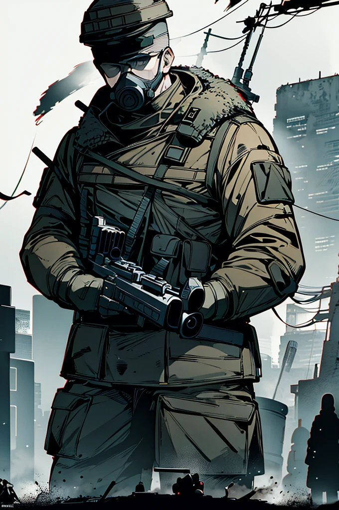 Russian soldier with rifle in night apocalyptic dead city area, military photography, nuclear, soldier with a gas mask, Muscular male, Person wearing gas mask, resting after a hard mission, in a post apocalyptic setting