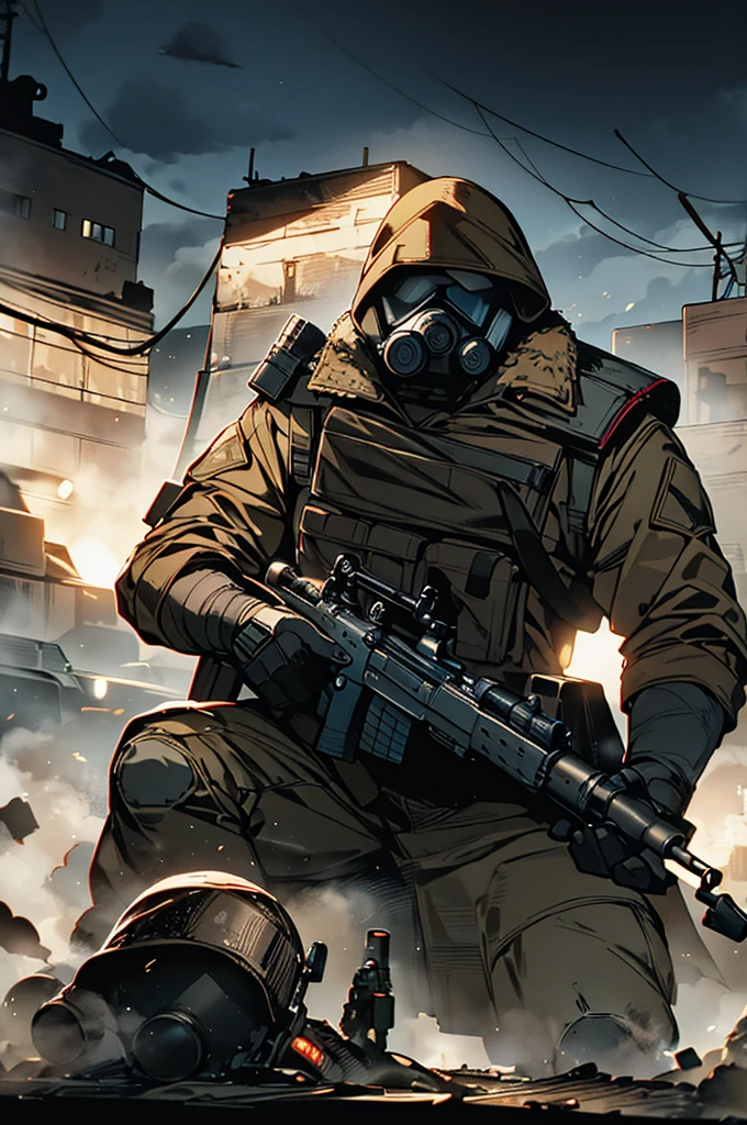 Russian soldier with rifle in night apocalyptic dead city area, military photography, nuclear, soldier with a gas mask, Muscular male, Person wearing gas mask, resting after a hard mission, in a post apocalyptic setting