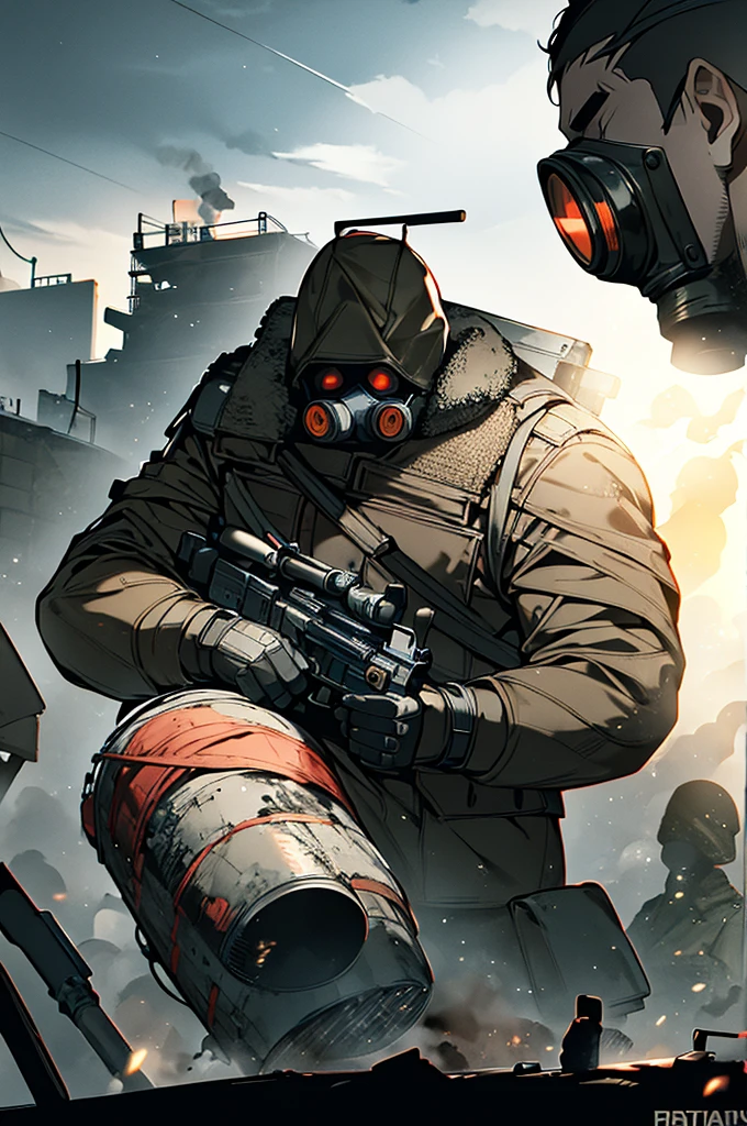 Russian soldier with rifle in night apocalyptic dead city area, military photography, nuclear, soldier with a gas mask, Muscular male, Person wearing gas mask, resting after a hard mission, in a post apocalyptic setting