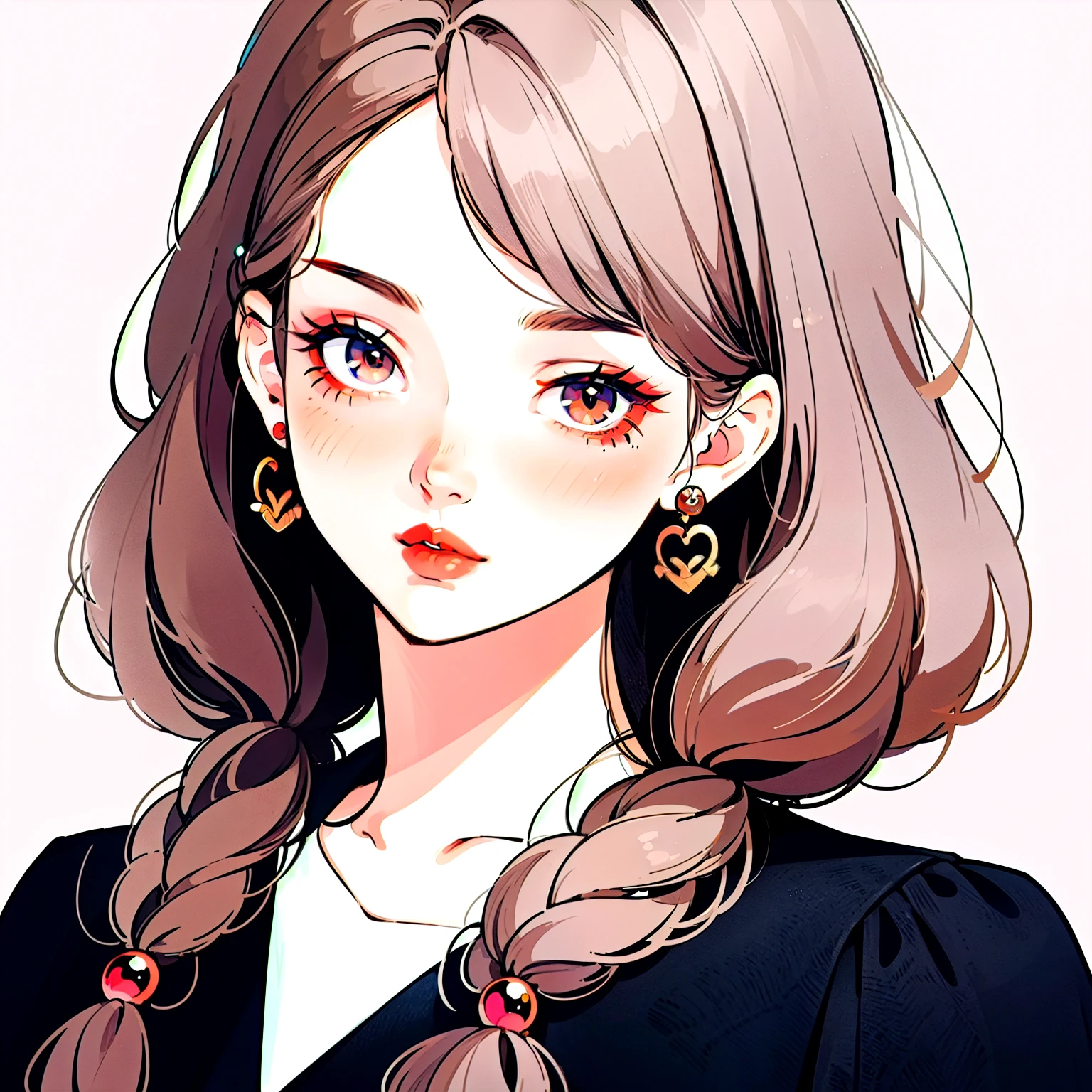 (Highest quality, masterpiece), One girl, beautiful girl, brown_eye, ((hair color [Silver hair], [Pixie cut with front hair] hair)), Earrings, lips, Short sleeve,Realistic, Tight waist, Charm, Colorful Makeup, Long eyelashes, Fair skin, (cute), (Detailed Face), Detailed eye, Detailed iris, 