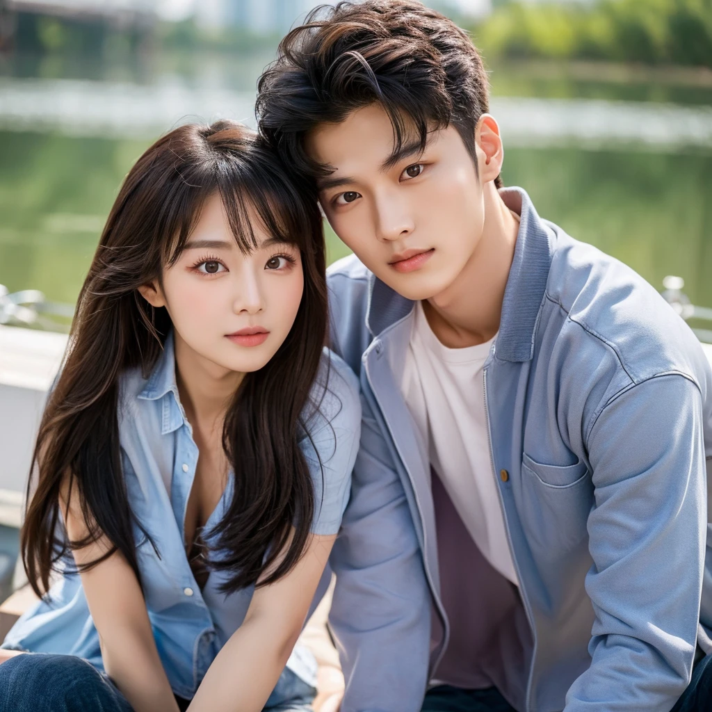 beautiful asian couple, good expressions, Korean Ahn Hye Jin and Chinese Dylan Wang, bright eyes of both, fleshy lips, couple photo