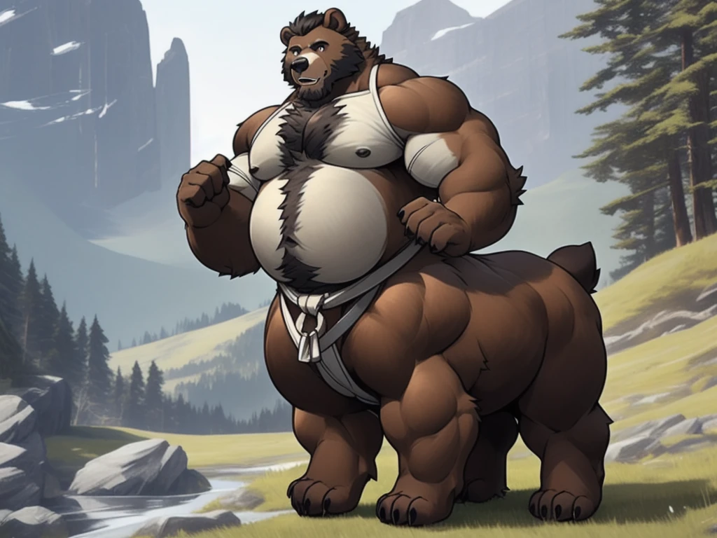 furry, fur taur, beartaur, middle-age, solo, detailed face, bear ears, bear eyes(brown), bear nose(black), bear mouth, garibaldi beard(grey), mature hair(grey), detailed arms, thick arms, muscular, thick hands(5 fingers), detailed body belly, thick body, muscle belly(white), thick chest, chest hair(grey), detailed taur body, thick taur body, thick bear paws, thick bear tail, full body shot, standing