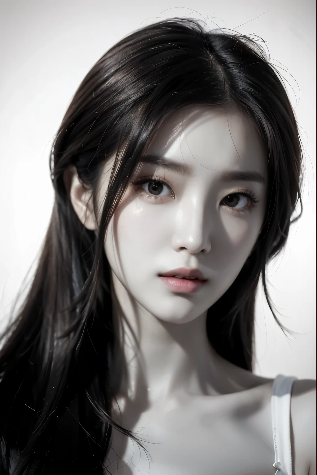 Close up of woman with long hair and bra top, Portrait of a Korean female idol, Jinyoung Shin, Young and cute Korean face, Stunning young Korean woman, BLACKPINK Jisoo Portrait, Beautiful young Korean woman, author：Deng Sanyun, beautiful korean women, korean girls, young and cute asian face, Yoo Ji-eun played the role of a supervillain..