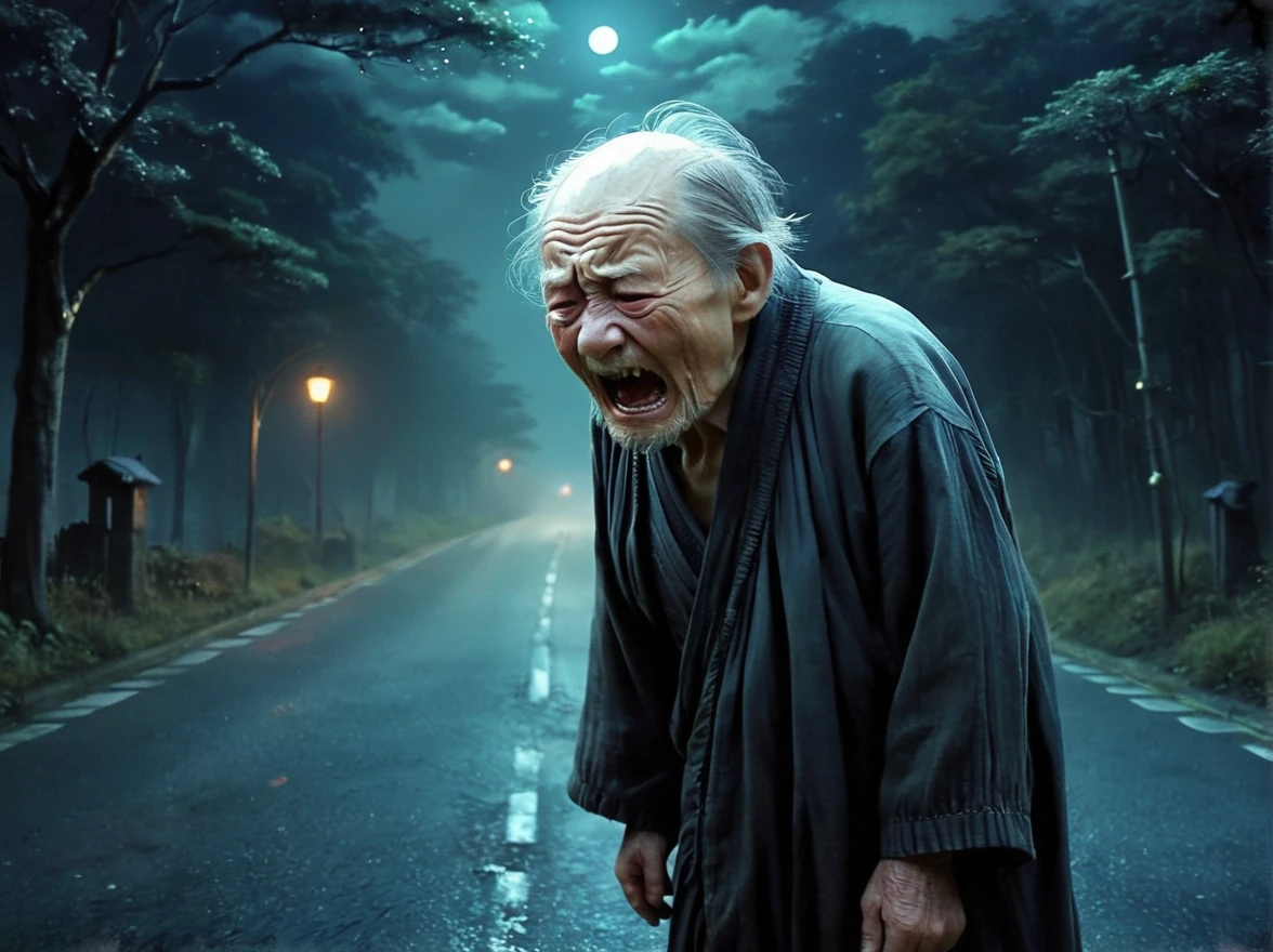 Originally an old man,Night Road,The baby-crying old man cries out like a newborn baby,Weight gradually increases,Clinging to you and not letting go、Taking a life,He was moaning like a restless sorrow.。. Fantasy Style, Dreamy art, Gothic Horror, Artistic and Abstract, Whimsical, oil, Japanese Yokai,Real