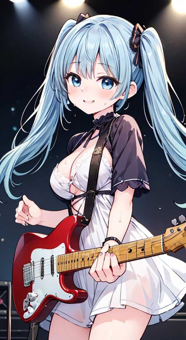 Highest quality,masterpiece,THE ALFEE,Toshihiko Takamizawa model,Twin neck guitar,Playing electric guitar,1People Girls,cute,Twin tails,Light blue eyes,Anime Style,Large Breasts,ta,In the spotlight,On stage,enjoy,smile,Sweat,