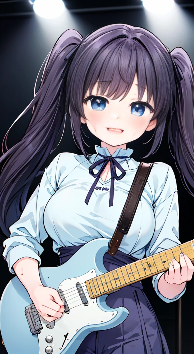 Highest quality,masterpiece,THE ALFEE,Toshihiko Takamizawa model,Twin neck guitar,Playing electric guitar,１People Girls,cute,Twin tails,Light blue eyes,Anime Style,Large Breasts,****ta,In the spotlight,On stage,enjoy,smile,Sweat,