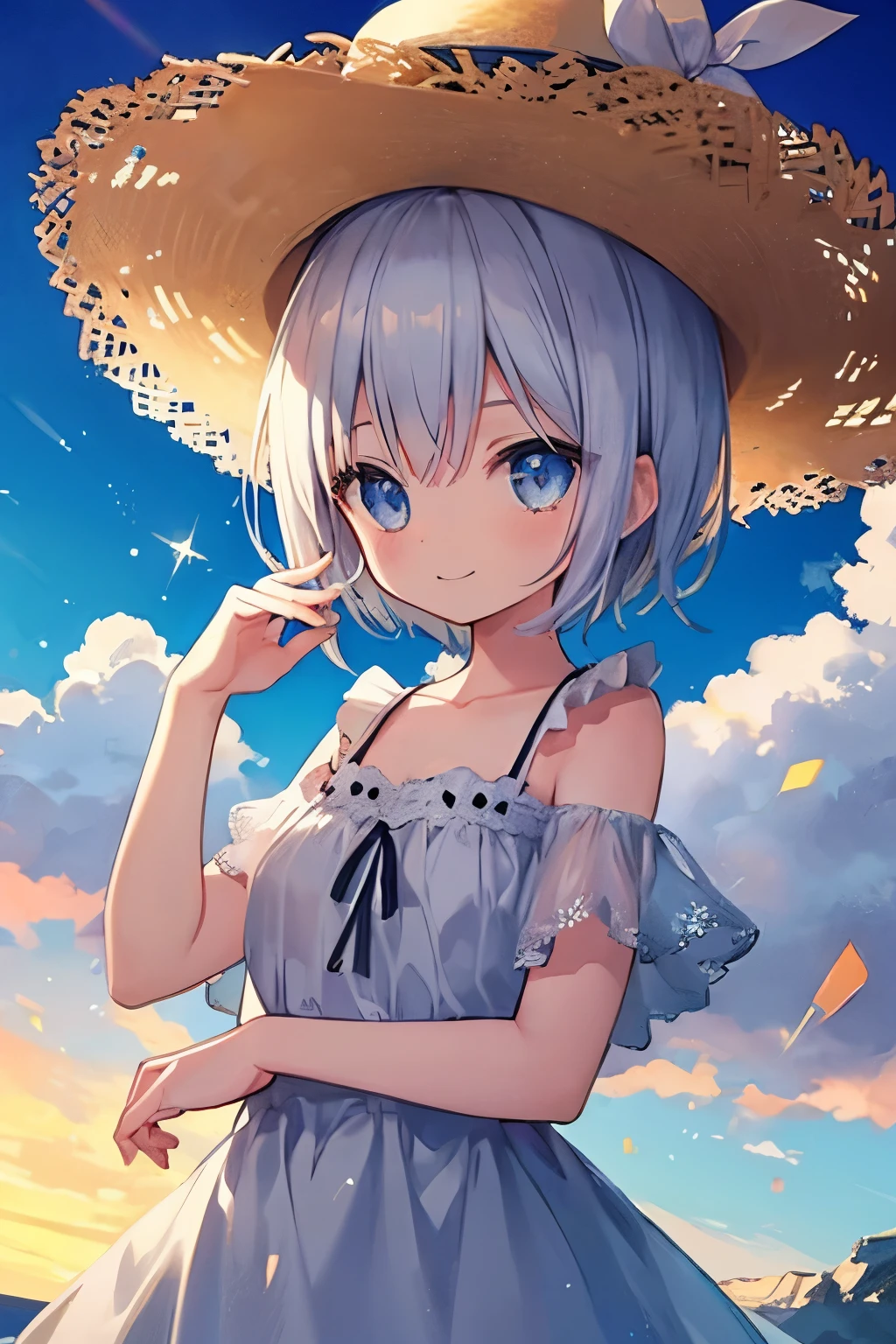 One girl, masterpiece, Very detailed, (Beautiful sparkle), Lens flare, Gray Hair, short hair, Floating Hair, Recall, Behind the back, smile, blue eyes, White Dress, Medium chest, Upper Body, Wide Shot, Straw hat, ((Uyuni salt lake)), sunrise, cloud, Backlight, Purple Sky, Yellow Sky, Gradient Sky, put your hand on the hat