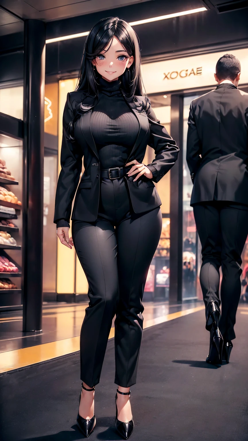 a girl, curvy body, beautiful face, beautiful eyes, ((long straight black hair, black eyes)), smiling, blushing, standing, ((black turtleneck sweater, black long pants, black blazer, high heels shoes, black socks)), mall indoor background, perfect hands, perfect fingers, high quality picture, high resolution, very detailed, 8k resolution