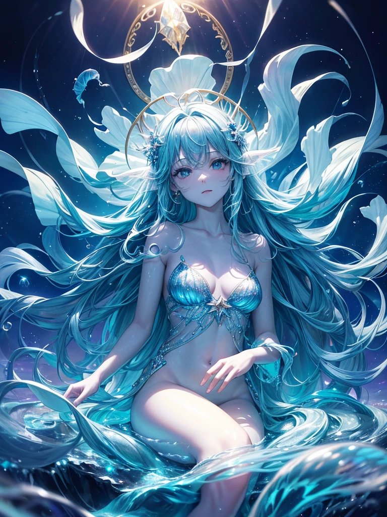 A shimmering, iridescent mermaid sitting on a moonlit oceanic throne, surrounded by a halo of soft, glowing jellyfish, with delicate, swirling patterns of bioluminescent seaweed dancing across her tail and the waves around her. Her long, flowing hair flows like the seaweed, with subtle, shimmering highlights that evoke the starry night sky above. The throne itself seems to be crafted from a glittering, crystalline material that reflects the soft, ethereal light of the jellyfish and the moon, as if the very essence of the ocean has been distilled into this mystical, dreamlike scene, hd quality, 4k quality, highly detailed