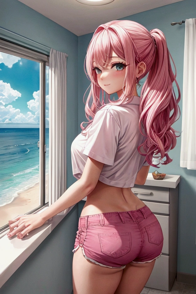 coastal view, skinny ass. in the motel room. Keep the pink shorts white blouse