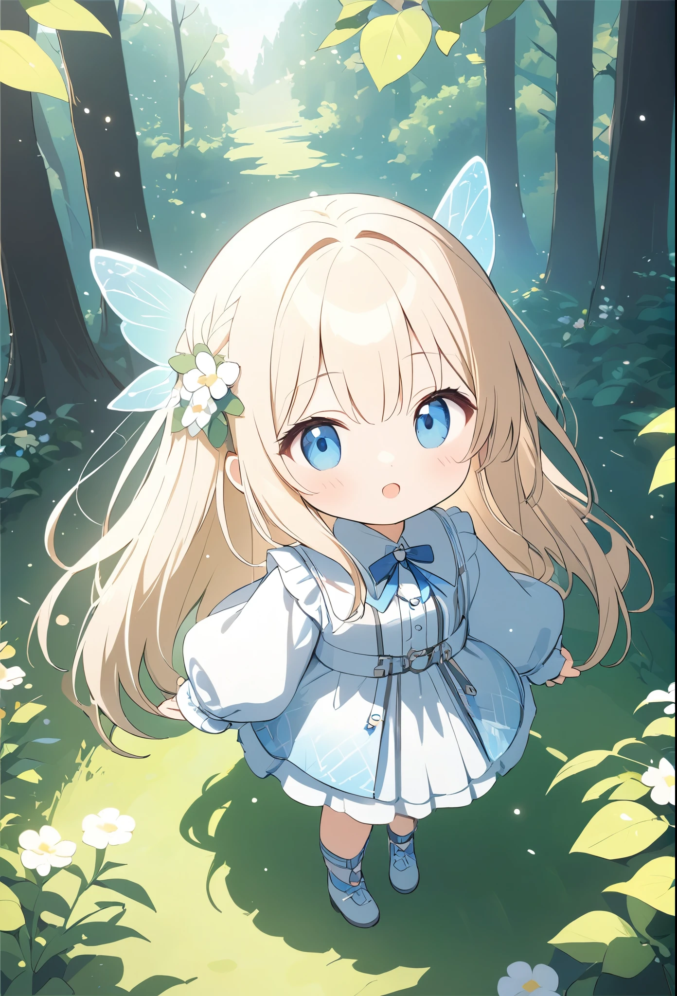 ((Picture books))、(8k, Highest quality)、Ultra-high resolution、adorable、Highest quality, beautiful, Absurd beauty、masterpiece、Best image quality、A fluffy white fairy who lives in the forest、learning forword、looking up、from above、Blue and white outfit、Beige hair color