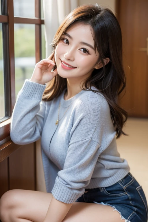 best image quality、realistically、radiant beautiful skin、1 female、Early 20s、Chair、idol sculpture、sweater、mini skirt、underwear、Please open your legs for the camera、smile、
