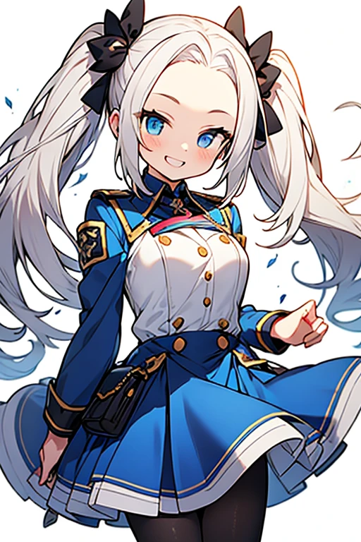 Super skillful illustration,anime style,
hairstyle with high-forehead,white hair,twintail hair,blue eyes,13yo and 120cm,white uniform with black_pantyhose,Bail and smile,