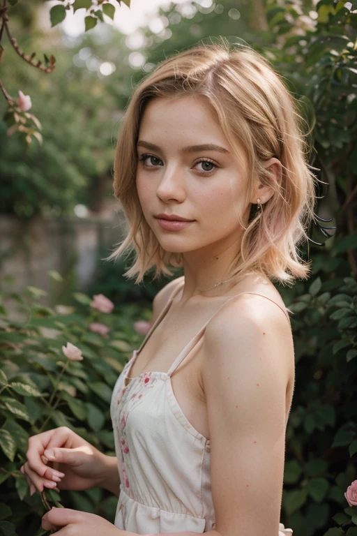8k, RAW photo, Fujifilm, style photo of a beautiful young woman as avril in a garden of light pink roses (highly detailed skin: 1.tyle-Petal BREAK short hair, blonde hair with colored locks, wearing a dress, film granulation, 35mm, cute style