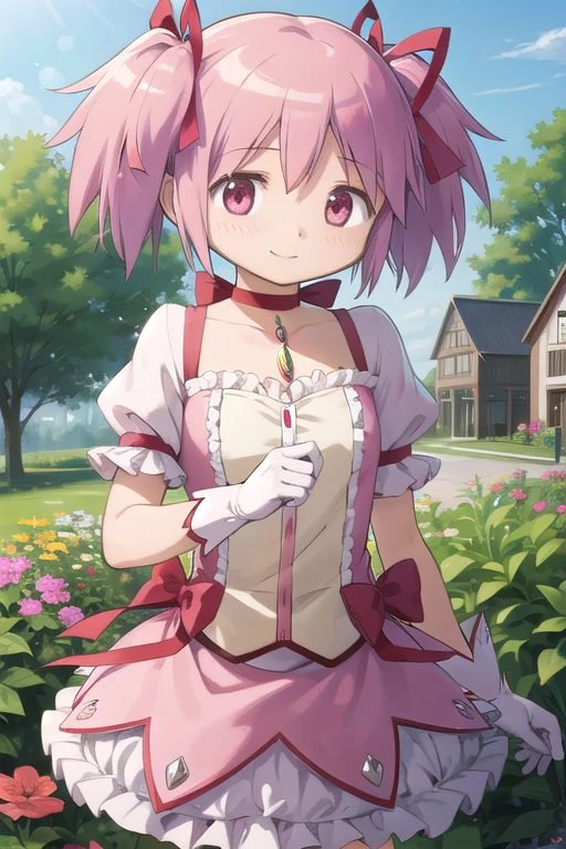 One girl, alone, masterpiece, Highest quality,
        gloves, mahou shoujo madoka magica, Madoka Kaname, Madoka Kaname, Pink Eyes, puppet, Pink Hair, short hair, Twin tails, short Twin tails, Hair Ribbon, Red ribbon, Magical girl, choker, ribbon choker, soul gem, clavicle, Short sleeve, Puff sleeves, puffy Short sleeve, Center frill, white gloves, Open back clothing, Scapula, Medium chest, Bubble Skirt, Bow skirt,
          Cowboy Shot, Twisted fuselage, Recall,
          blush, Captivating smile,
          Outdoor, garden