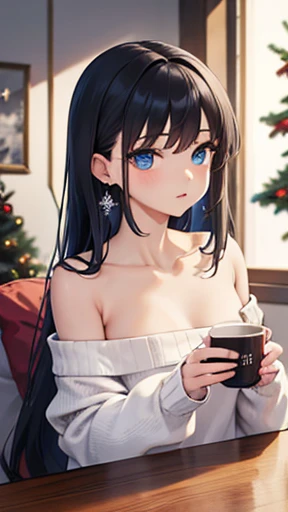 Super detailed, Vibrant colors, girl, masterpiece, Sharp focus, Highest quality, Depth of written boundary, Cinema Lighting, Realistic, Correct Anatomy, chestの谷間, a young woman in a robe Holding cups on a table in front of a Christmas tree, 1girl, chest, cup, Black Hair, chestの谷間, alone, blue eyes, large chest, View your viewers, coffee, Earrings, jewelry, Holding, Holding cup, Exposing shoulders, Christmas tree, Long Hair, white sweater, clavicle, Mug, Off the shoulder, Blurred, indoor, sweater, Strapless, lips, Blurred background、long hair、大きいchest