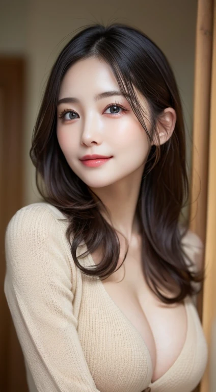 Tabletop, Highest quality, Realistic, finely, High resolution, 8k wallpaper, Perfect dynamic composition, Beautiful and beautiful eyes, Long Hair, Big and ample breasts, Random sexy poses,Random Situation、(Tight Beige Knitwear)、(Breast swelling 1.5)、smile、50Year、(Droopy Eyes 1.3)、Mature adult beauty、Japanese、