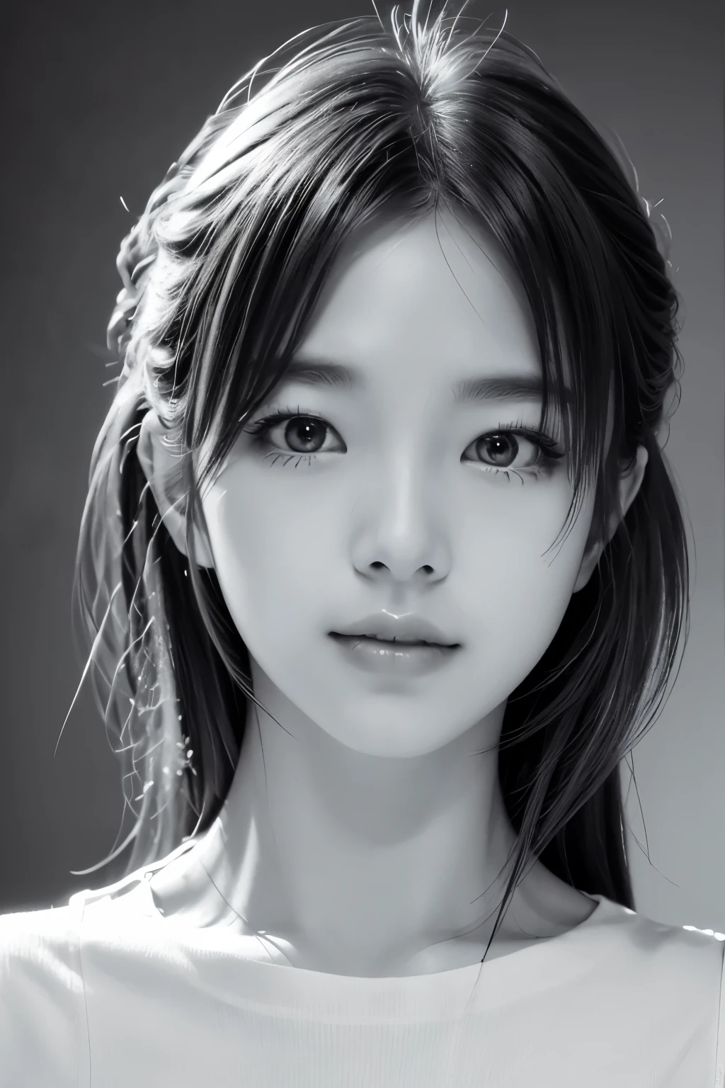 masterpiece, best quality, realistic, very detailed, in detail, high resolution, 8K wallpapers, professional, high level of detail, ((black and white photography)), 1 girl, skinny japanese woman, ((facing the front)), ((Only the lips are red)), detailed collarbone, your face is perfect, straight hair, (look straight at the camera)