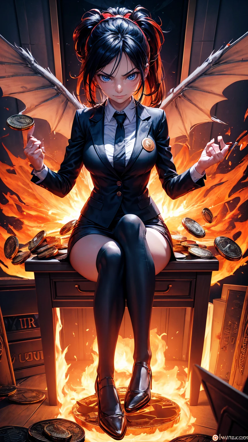 3D cartoon of an extremely angry business girl sitting at her desk, with bitcoin and ethereum symbols flying around her and fire flames in the background. A huge pile of coins lays beside the character, with the bitcoin logo written underneath and the text "_ultra low" written above, in the style of an angry businesswoman