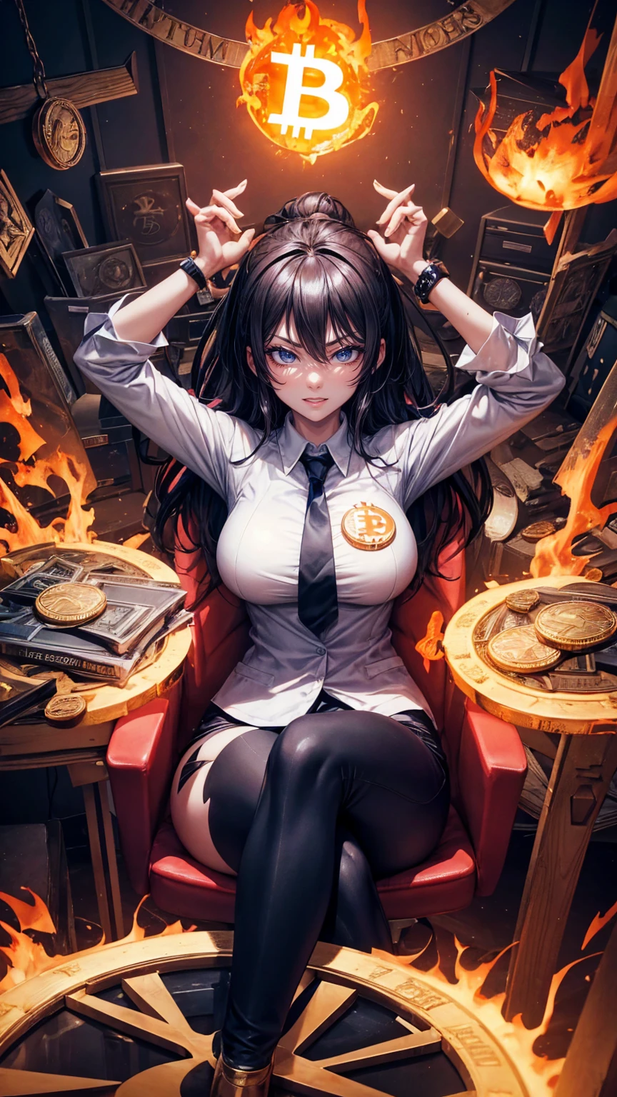 3D cartoon of an extremely angry business girl sitting at her desk, with bitcoin and ethereum symbols flying around her and fire flames in the background. A huge pile of coins lays beside the character, with the bitcoin logo written underneath and the text "_ultra low" written above, in the style of an angry businesswoman