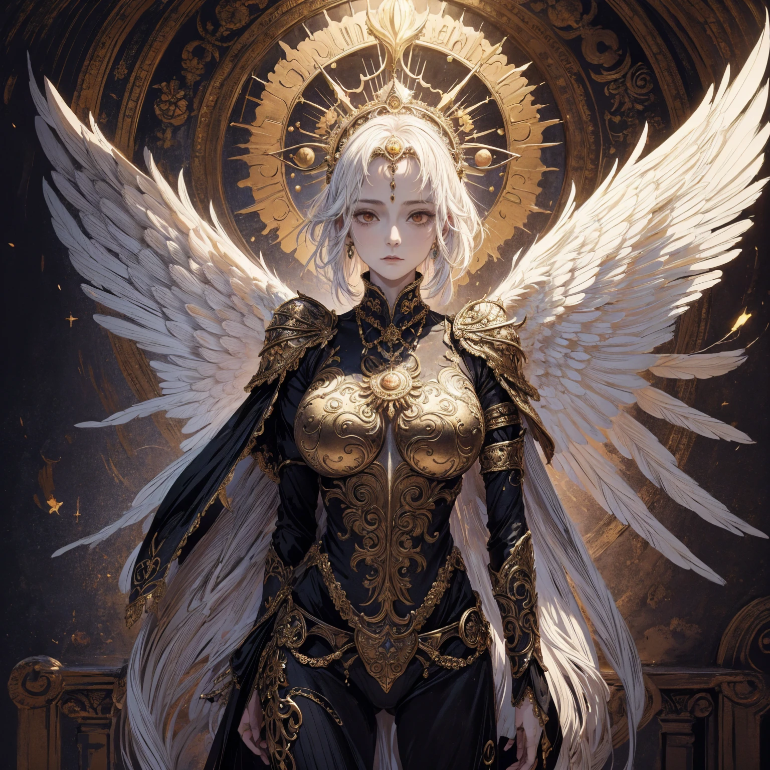 Art of elderly woman wearing sun crown, wearing ornate breastplate that shows a little skin above the chest, two huge symmetrical angelic wings spread out from the woman's back, ancient goddess art, Sacredness. Very detailed, Mysterious inspiration, Inspiration from the Sun God, Religious inspiration, Cold and snobbish face, Dangerous impersonal expressions, White hair, Standing, Full body portrait, Gothic art style, Weird art style, Occult art