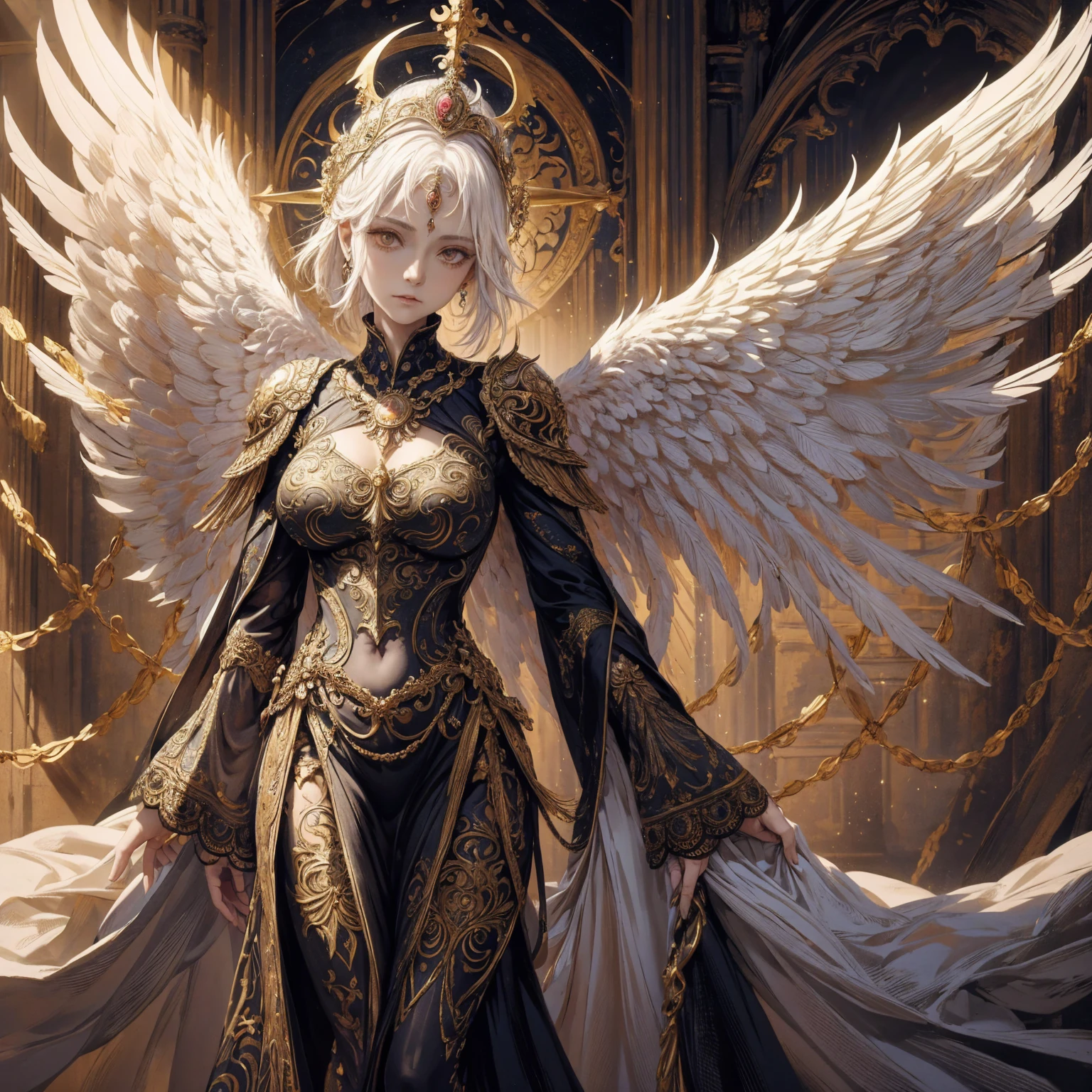 Art of elderly woman wearing sun crown, wearing ornate breastplate that shows a little skin above the chest, two huge symmetrical angelic wings spread out from the woman's back, ancient goddess art, Sacredness. Very detailed, Mysterious inspiration, Inspiration from the Sun God, Religious inspiration, Cold and snobbish face, Dangerous impersonal expressions, White hair, Standing, Full body portrait, Gothic art style, Weird art style, Occult art