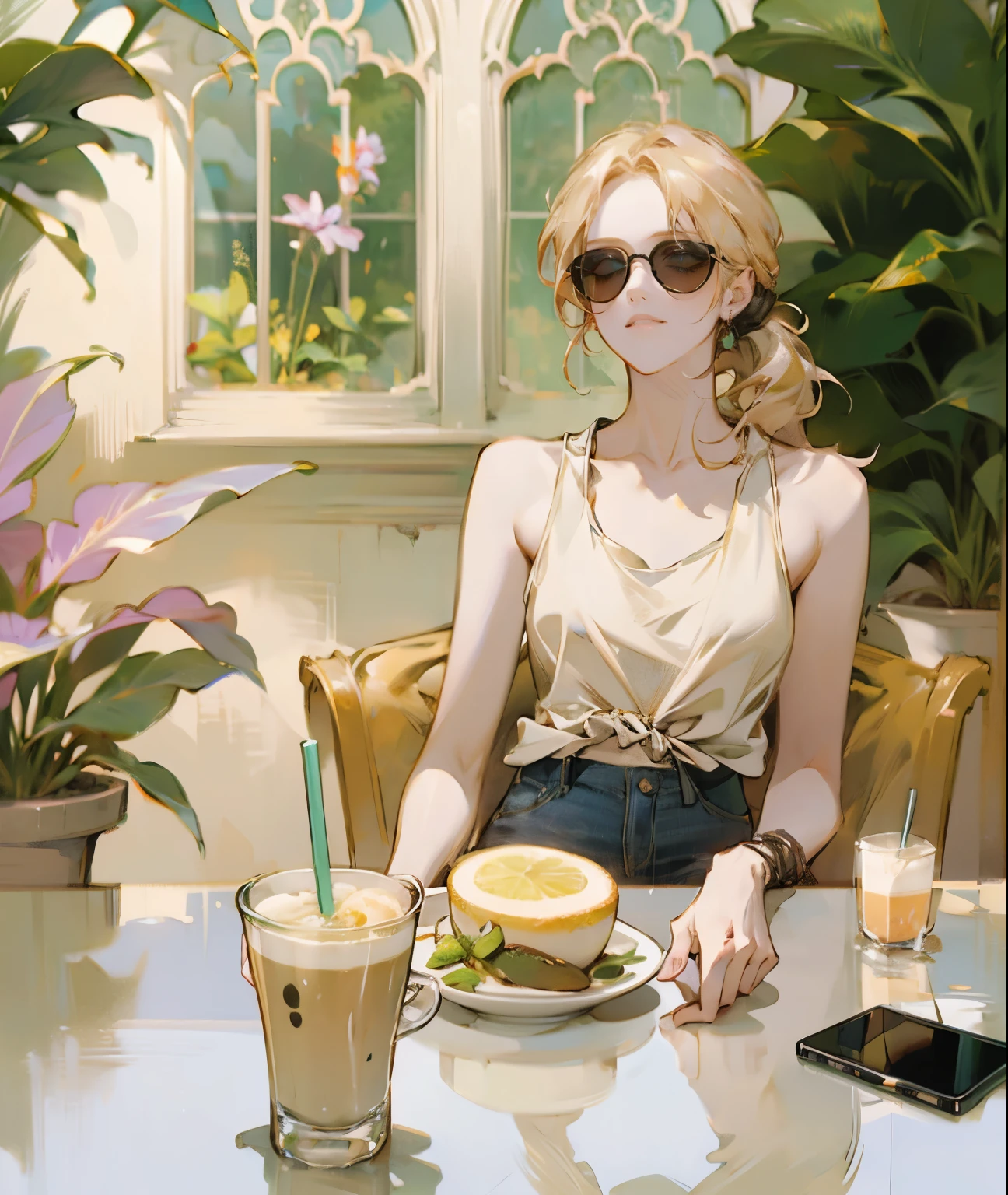 A woman sitting outside at a café table. She is wearing a white tank top and blue denim shorts. Her blonde hair is tied back in a high ponytail, and she is wearing large black sunglasses. In front of her on the table is a large yellow cup with a green drink, possibly a matcha latte, decorated with latte art. There are also several glass cups on the table, one of which contains a drink with a slice of lemon, a metal holder for cutlery, and a smartphone. In the background, there is greenery and part of a building with white window frames. The woman is looking directly at the camera with a slight smile on her face. The atmosphere is calm and cozy, highlighting a relaxed setting., chiaroscuro, depth of field, cinematic lighting, sparkle, god rays, ray tracing, stereogram, multiple views, Canon, UHD, retina, masterpiece, accurate, anatomically correct, textured skin, super detail, high details, high quality, award winning, best quality, highres, 1080P, HD, 4K, 8k, 16k
